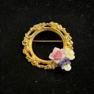 Floral Gold Brooch with Pink and Purple Accents